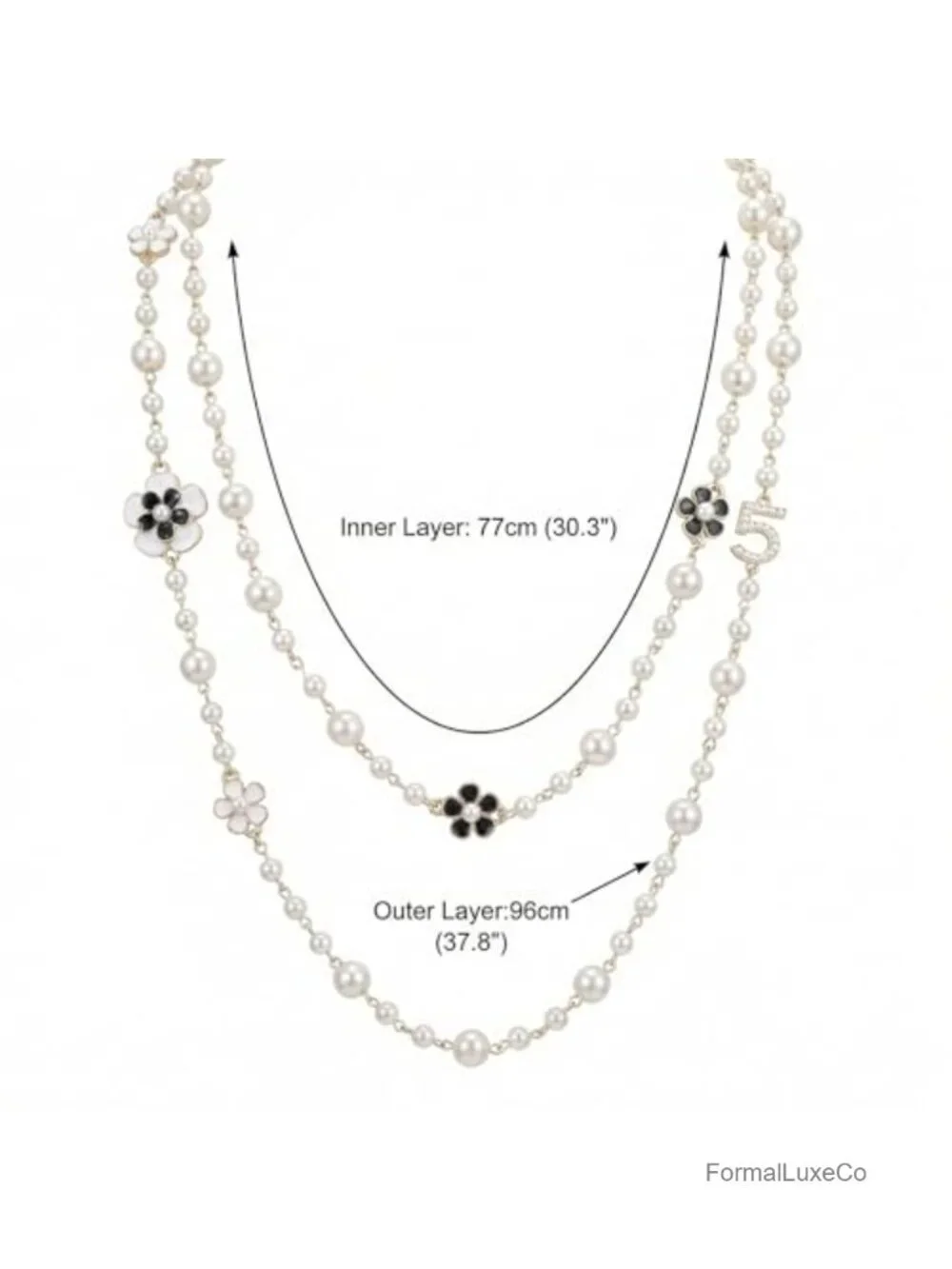 Vintage Layered Faux Pearl Necklace with Camellia Flower & Number 5 Charm